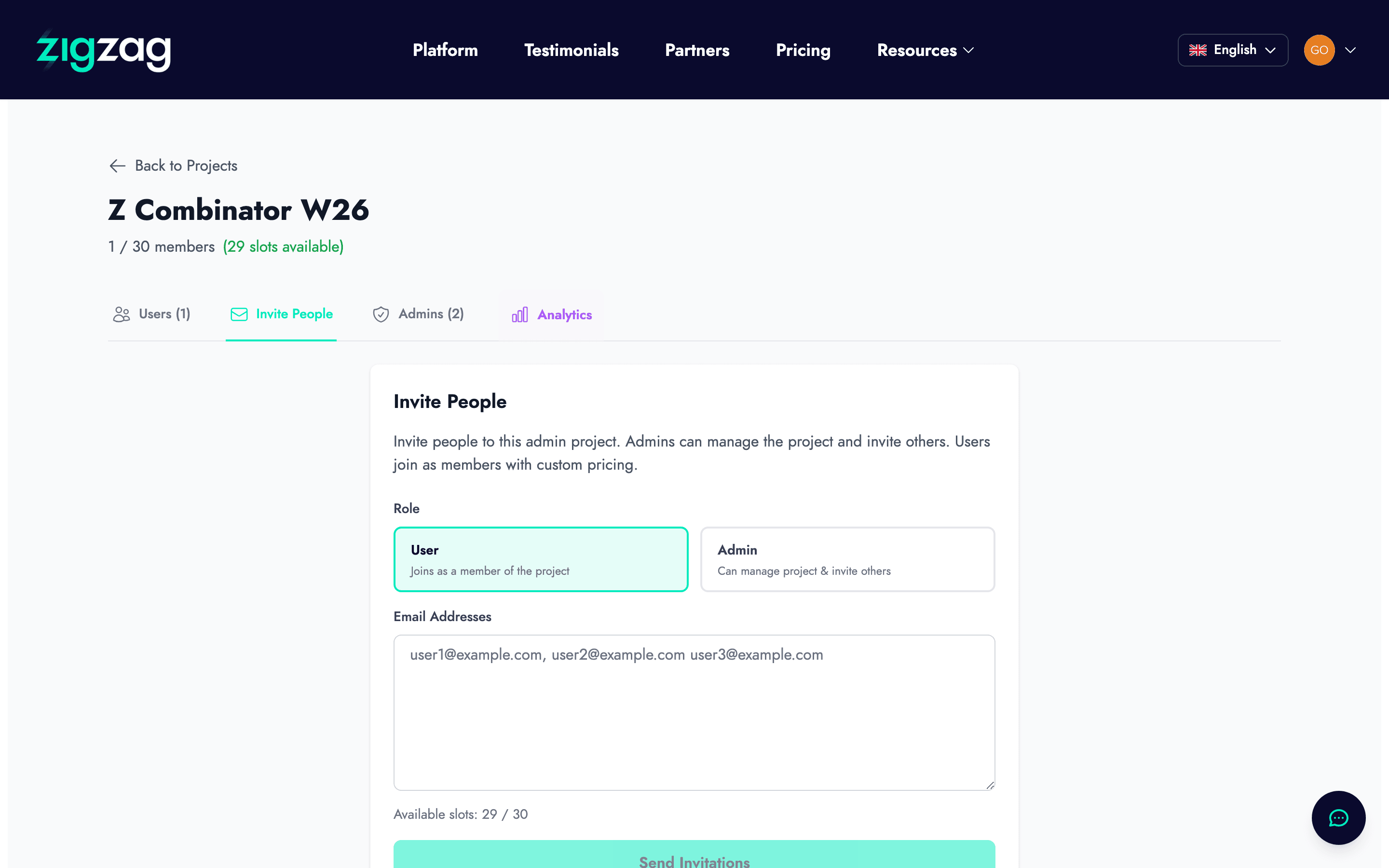 Invite People tab with role selection (User or Admin) and email address input for bulk invitations