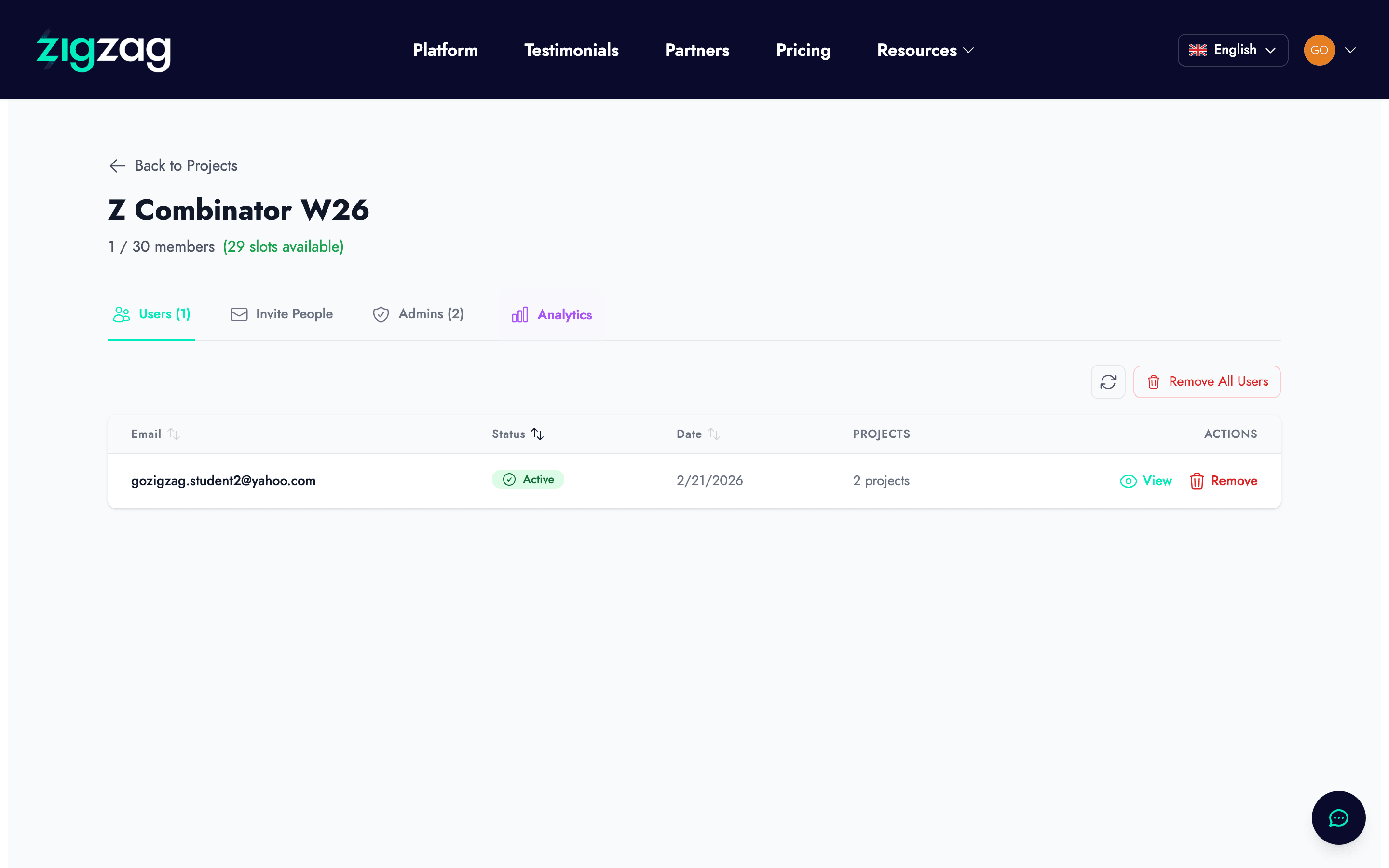 Admin project Users tab showing the member list with email, status, date, and project count