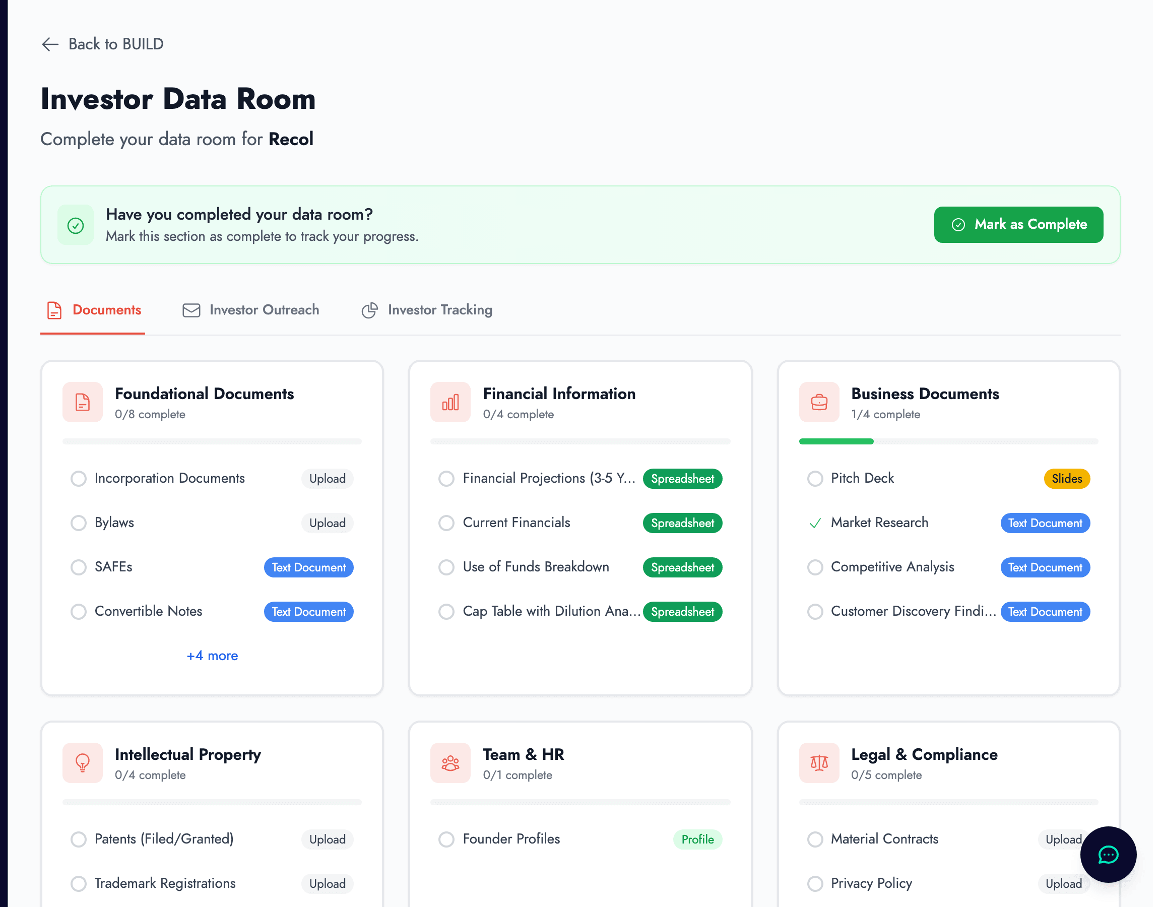 Investor Data Room with categorised documents, completion status badges, and sharing controls