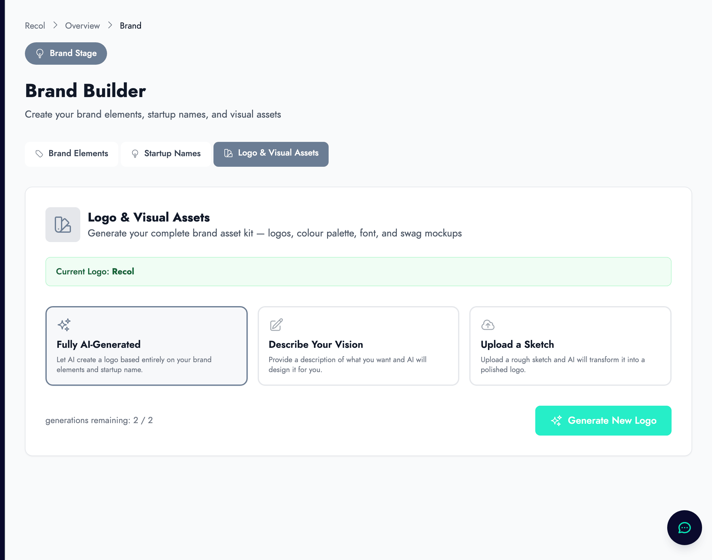 Logo generator interface with AI-powered logo creation and visual asset management