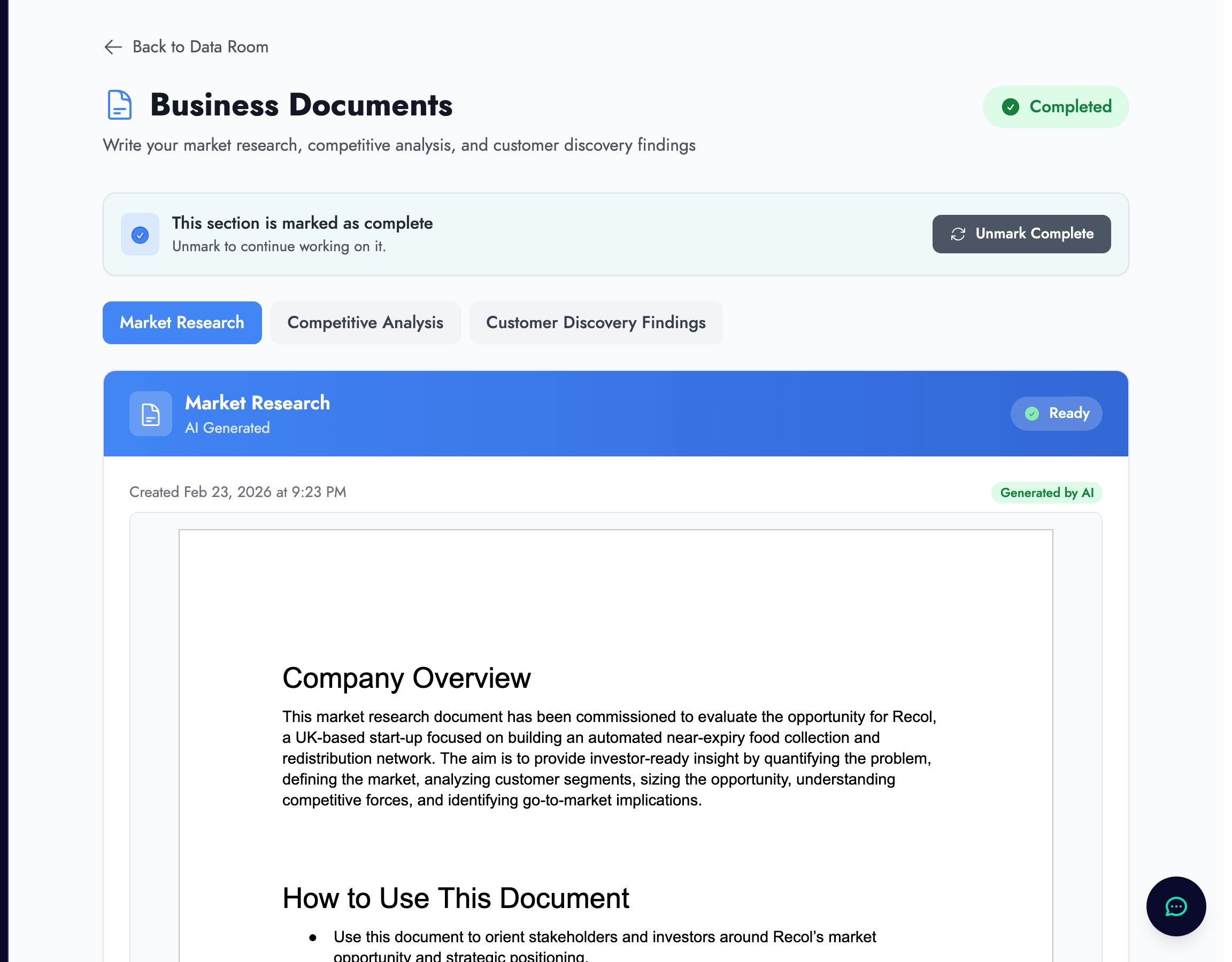 Market Research document generation interface in the investor data room