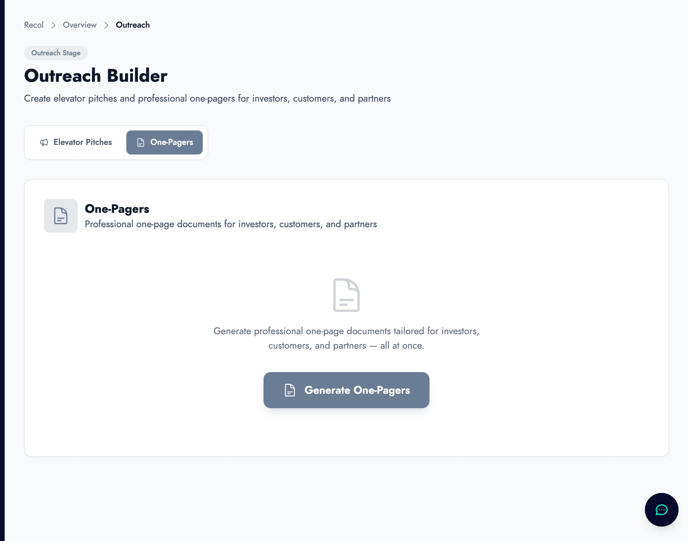 One-Pager generator interface for creating professional single-page startup summaries