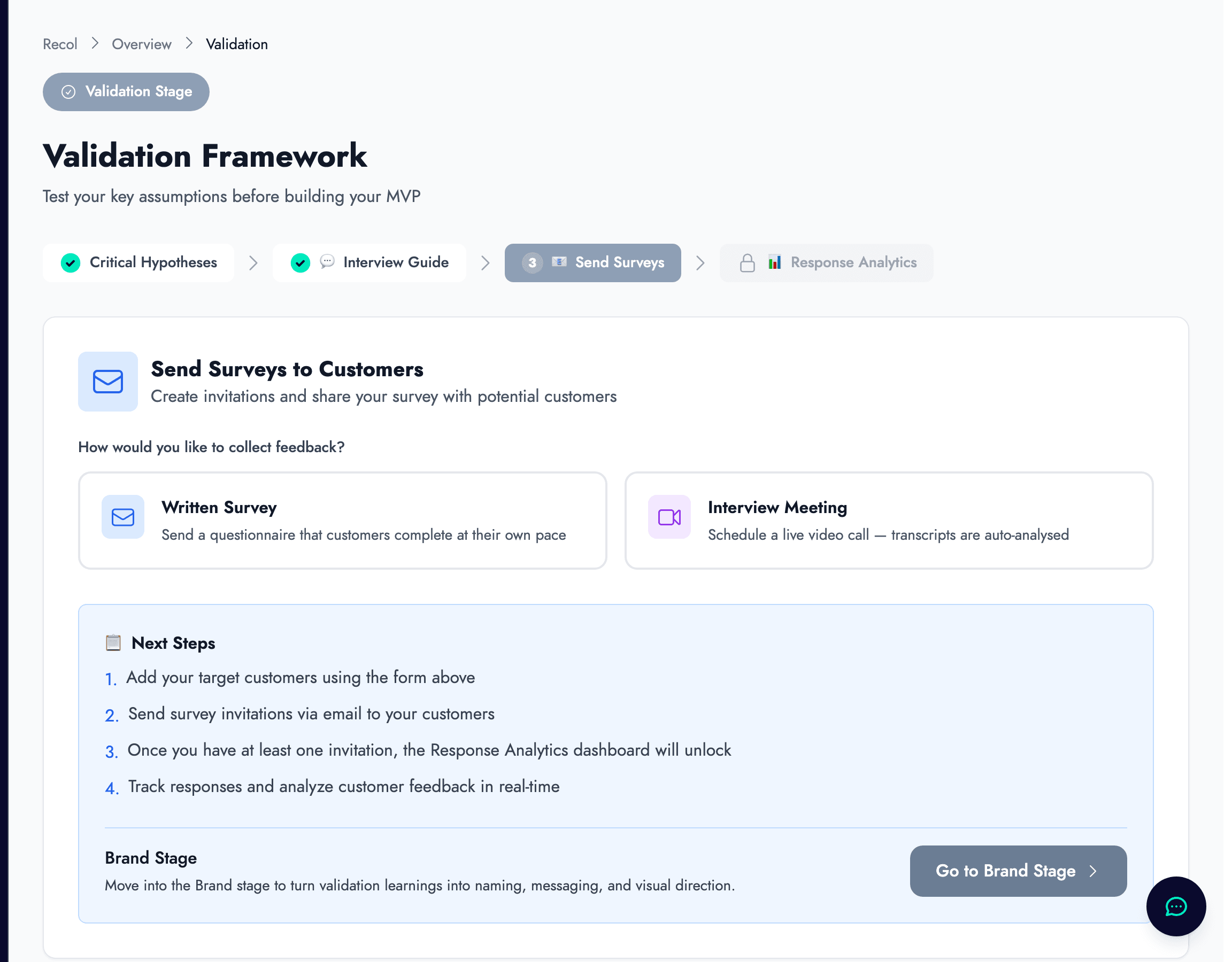 Send Surveys interface showing Written Survey and Interview Meeting options with step-by-step instructions
