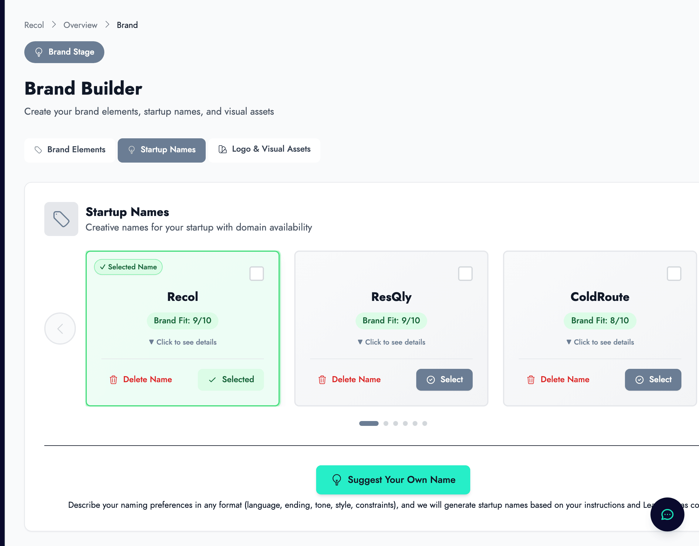 Startup Names generator showing AI-generated name suggestions with availability checks