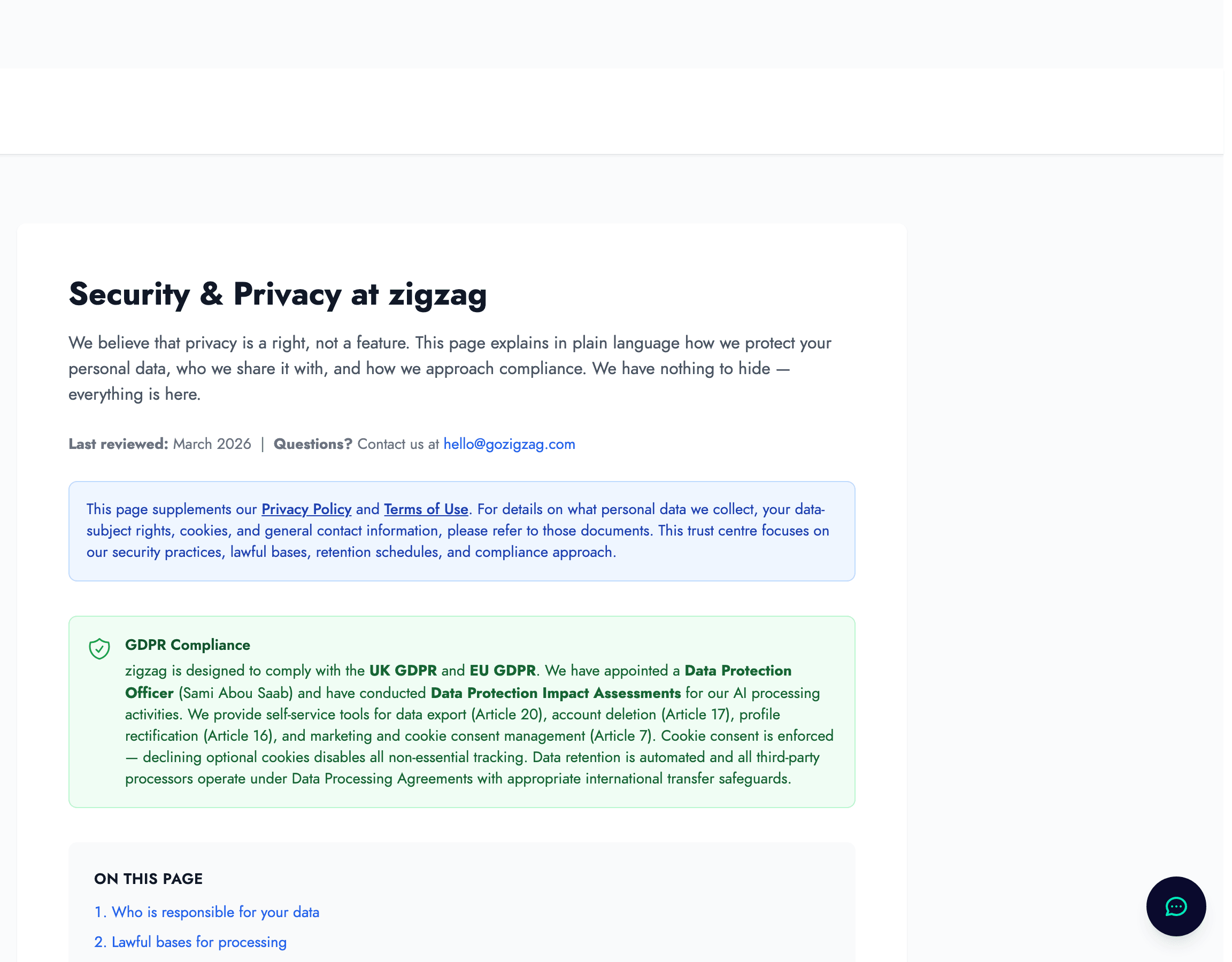 Trust Centre showing security practices, GDPR compliance, and data protection measures