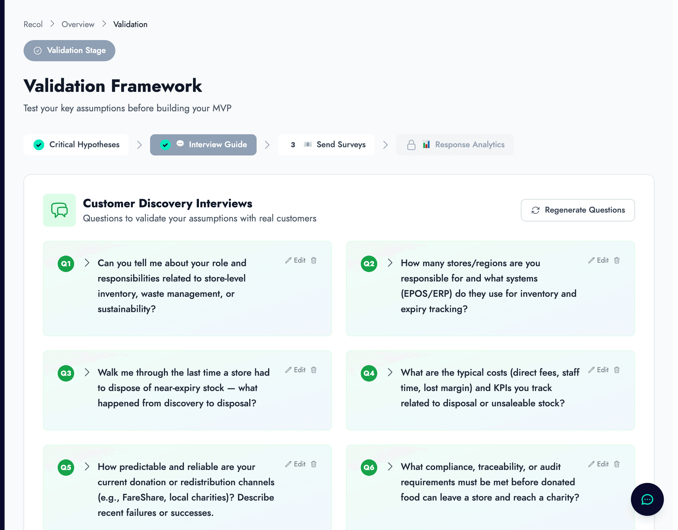 Customer Discovery Interviews page showing AI-generated interview questions with edit and regenerate options
